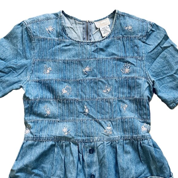 Denim Chambray Maxi Dress Flower Embroidery Pockets Vintage 90s Traditions - Picture 5 of 7